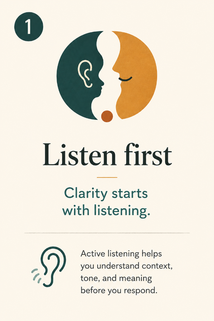 1. Listen first: Clarity starts with listening. Active listening helps you understand context, tone, and meaning before you respond.